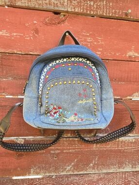 Denim Embroidered Mini Backpack - Blue
